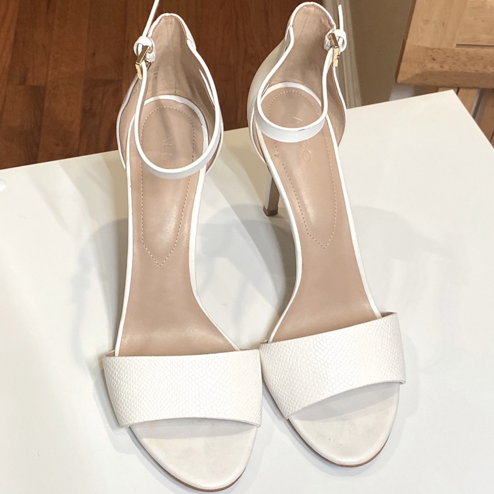 Aldo leather ankle strap white heeled sandals.